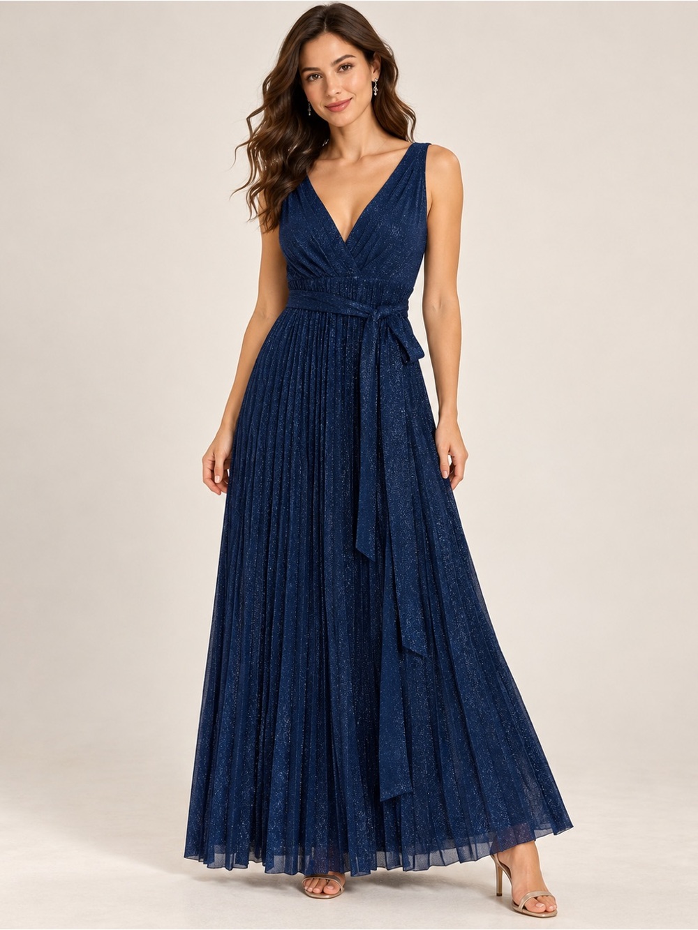 Sleeveless V-Neck Navy Glitter Maxi Dress with Waist Tie